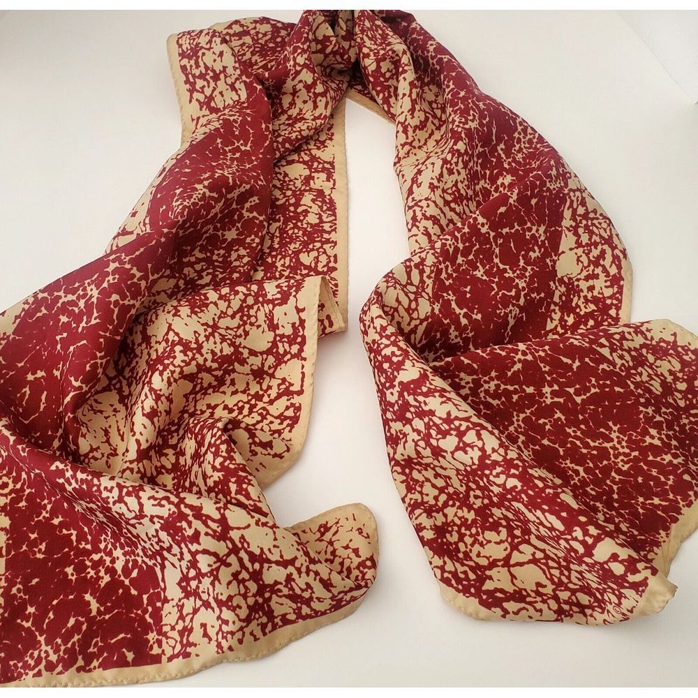 VTG Vera Scarf Burgundy / Tan Abstract Print Rectangle Japan Polyester Signed - Picture 5 of 9